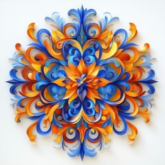 Fototapeta premium Blue and Orange Paper Filigree Mandala Intricate Swirling Pattern Artwork