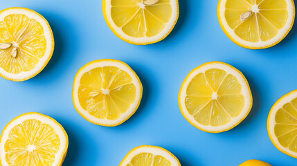 Fototapeta premium A flat lay of fresh lemon slices on a blue background, highlighting the vibrant yellow color.