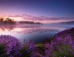 soft lavender mist rises over a serene lake at dawn tranquility gentle mist gentle hues