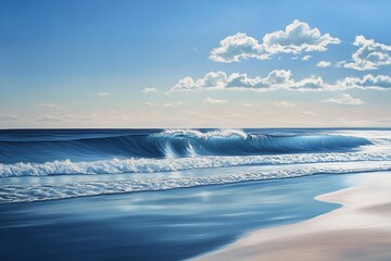 Beautiful ocean waves crash on a sunny beach