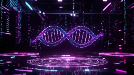 Fototapeta premium Vibrant Digital DNA Helix Illustration with Neon Lights and Futuristic Elements in Colorful Background for Science and Technology Themes