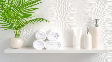 Modern bathroom shelf display with white towels, skincare products, and green plant on textured background for relaxation and wellness themes