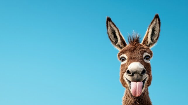 Happy brown donkey making a funny face with tongue out against a clear blue sky, playful animal portrait, vibrant and cheerful expression, joyful mood