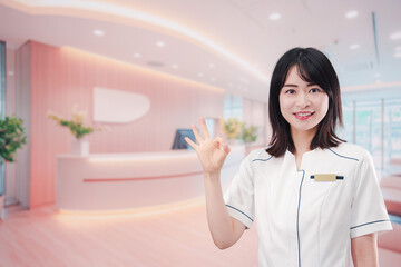 クリニックの受付で働く若い女性