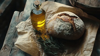 Rustic flat lay of fresh bread and herb-infused oli