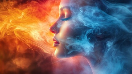 A woman profiles in serene beauty, surrounded by swirling smoke in vivid hues of orange and blue. The interplay of warmth and coolness evokes a sense of harmony and energy
