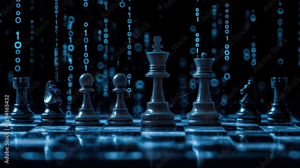Poster black and white chess pieces on a futuristic digital background with binary code representing the co
