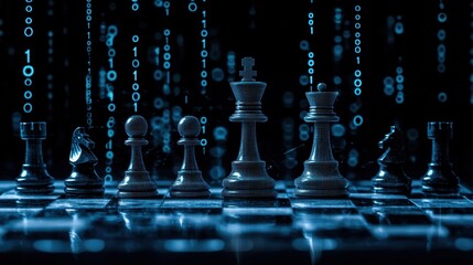Black and white chess pieces on a futuristic digital background with binary code representing the concept of strategy and technology in gaming