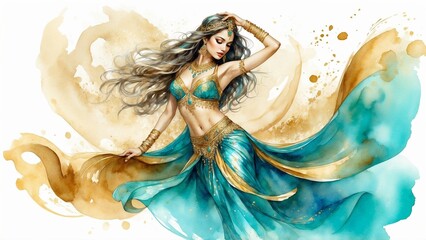 Elegant belly dancer in a turquoise outfit with flowing fabric on a watercolor background, graceful and vibrant