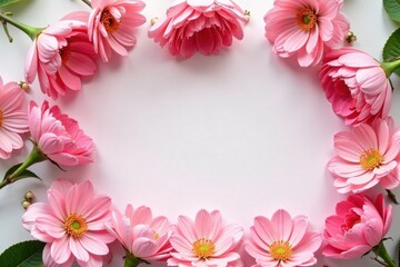 Fototapeta premium Delicate Pink Flowers Create a Lovely Oval Frame on a Soft White Background, Perfect for Elegant Designs or Sentimental Messages