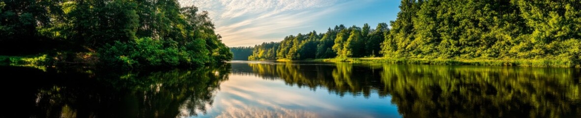 Serene river landscape reflects lush green forest and tranquil morning sky.