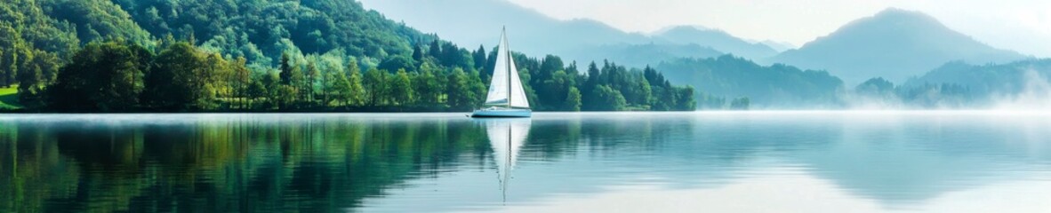 Serene sailboat glides on misty lake amidst tranquil mountain forest landscape inspiring wanderlust and adventure.