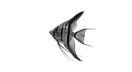 A single angelfish with elegant, long fins in black and white, against a white background
