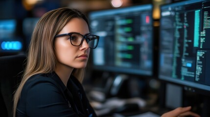 Cybersecurity data protection through collaboration. Focused woman coding at multiple computer screens in a tech environment.
