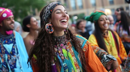 Fototapeta premium A multicultural gathering where people are sharing laughter, vibrant ethnic clothing, cultural diversity