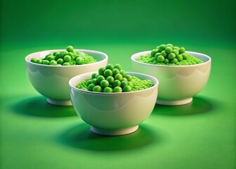 Miniature Green Peas: Three White Bowls of Frozen Peas on Green Background - Tilt-Shift Photography