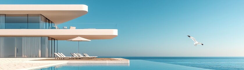 Fototapeta premium Modern vacation home on sand dune with infinity pool coastal view luxury architecture tranquil environment