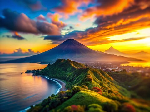 Miniature Java Island Silhouette: Indonesia's Volcanic Landscape at Sunset