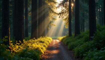 Obraz premium Narrow, winding path amongst tall, somber conifers, old growth, dark