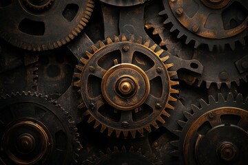 Interlocking gears mechanical movement dark bronze tones.