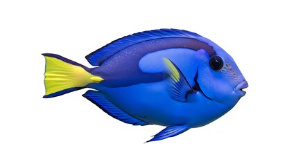 A vibrant blue tang fish in a dynamic swimming pose, white background.