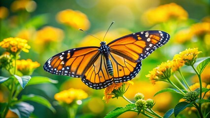 Naklejka premium Miniature Monarch Butterfly on Yellow Flower, Close-up Tilt-Shift Macro