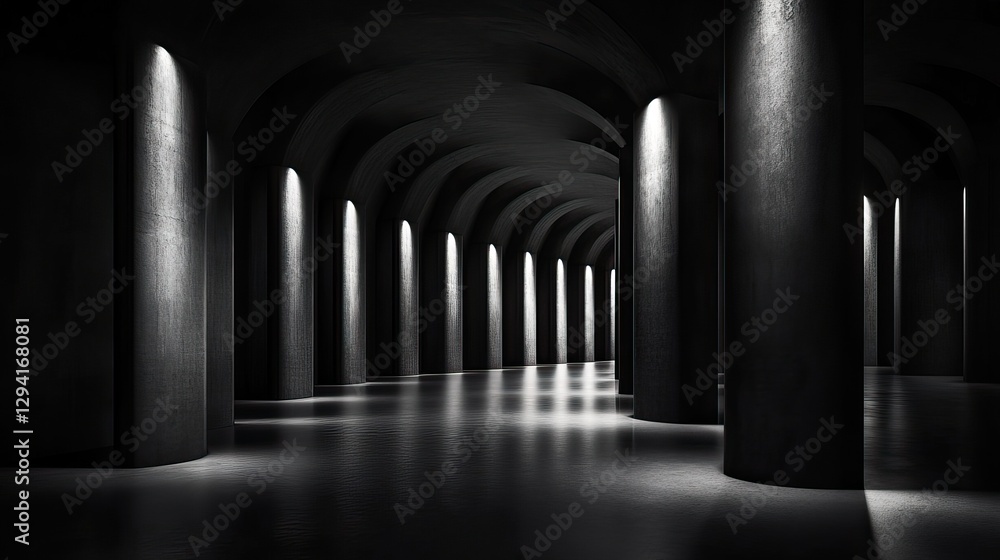 Aufkleber a dimly lit corridor features tall, dark columns, creating an atmospheric and mysterious space with 