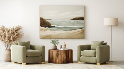 Modern wall art mockup with abstract landscape, olive chairs, wooden side table, floor lamp, and cream rug adding warmth to the space
