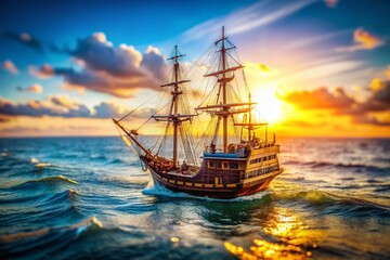 Obraz premium Miniature Old Sailing Ship on Ocean, Tilt-Shift Photography