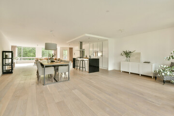 A spacious and inviting modern living area featuring an open layout, wooden flooring, and contemporary furniture, blending comfort with elegance.