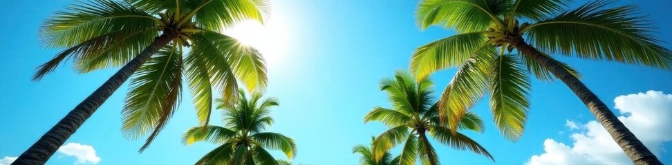 Fototapeta premium Majestic palms reach for azure sky, sunlit leaves, tall, landscape, columnar