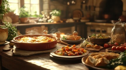 Fototapeta premium Rustic Kitchen Table with Hearty Casseroles Roasted