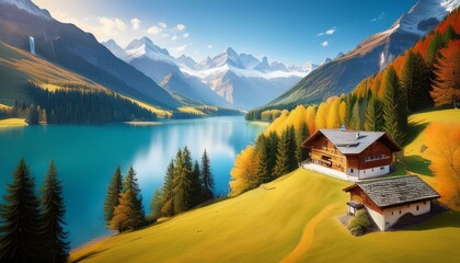 swiss landscape with house lake mountains and pine trees ai generative