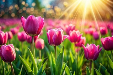 Fototapeta premium Miniature Pink Tulip Field, Spring Meadow, Blooming Flowers, Nature Background, Tilt-Shift Photography