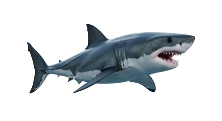 Obraz premium A great white shark with a sleek body and sharp teeth, positioned on a white background