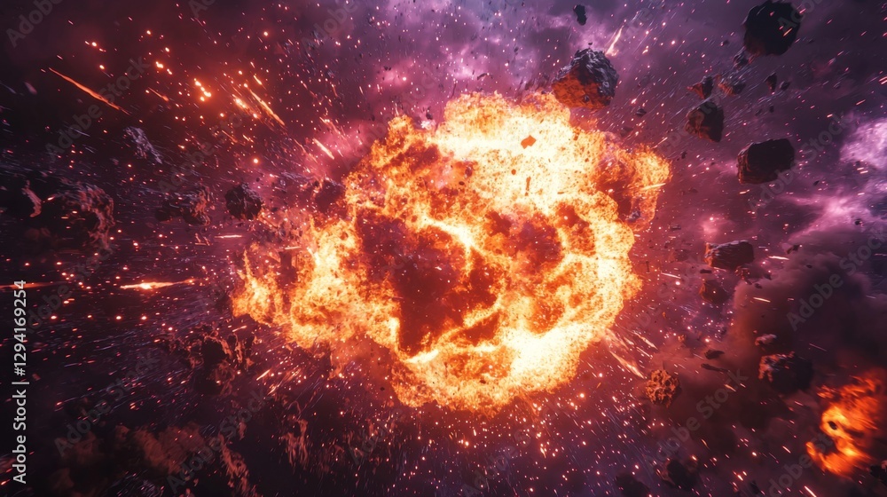 Poster explosive cosmic event in space with bright flames and debris flying through an interstellar backgro