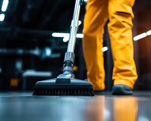 A worker in yellow pants uses a vacuum cleaner to clean a dark industrial space, highlighting cleanliness and maintenance.