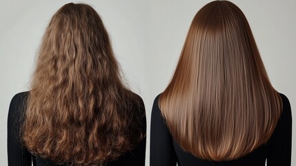 Realistic before and after picture of frizzy hair and after a hair smoothing treatment