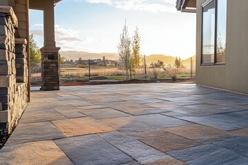Installing Stone Tiles on a Sunny Patio Afternoon