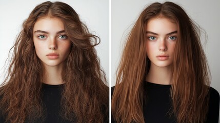 Realistic before and after picture of frizzy hair and after a hair smoothing treatment