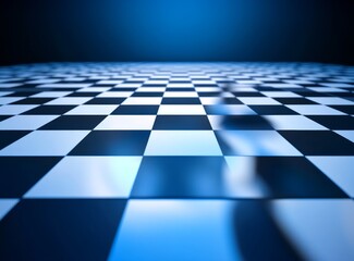 Chessboard strategy, dark blue perspective, figures move,  glowing backdrop