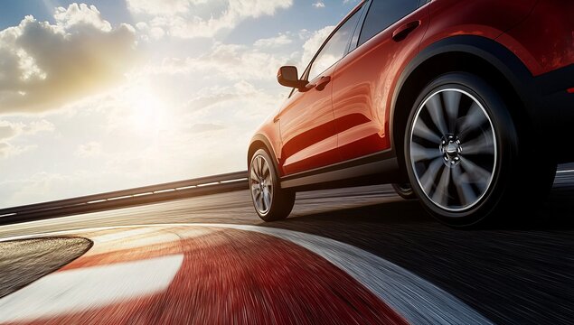 Speed and Style: A dynamic composition showcases a sleek red car speeding around a race track, capturing the essence of velocity and elegance, under a sunlit sky.