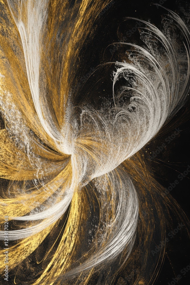 Poster abstract digital art with swirling patterns in gold and white on a dark background, vibrant colors c