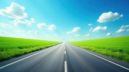 Asphalt Road Cutting Through Vibrant Green Fields Under a Sunny Sky with Fluffy White Clouds