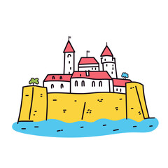 Mont Saint-Michel illustration in an doodle inca cartoon style. Simple minimalist drawing of Mont Saint-Michel