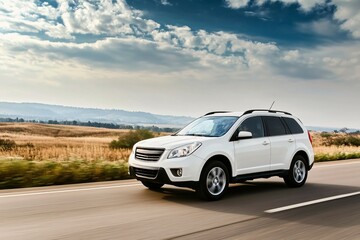 Obraz premium White SUV on Road: A pristine white SUV cruises down a scenic road, the open highway beckoning with a sense of adventure, set against a stunning backdrop of rolling hills and a captivating sky.