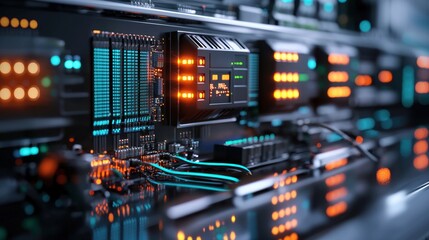 Obraz premium High-Quality Close-Up View of Advanced Server Hardware with Bright LED Lights Displaying Data Flow and Computing Power in a Modern Data Center Environment