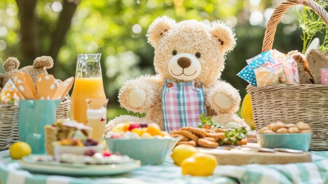 Naklejki A teddy bear picnic for kids with fun decorations and playful food