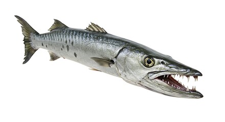 Obraz premium A barracuda with a long, slender body and sharp teeth, isolated on white
