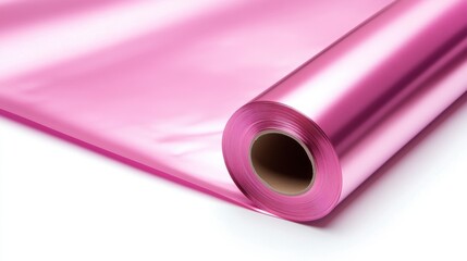 A vibrant roll of pink shiny foil awaits creative use, Ideal for crafting, packaging, or decor, it enhances visual appeal and adds a pop of color to various projects, making it versatile for events,